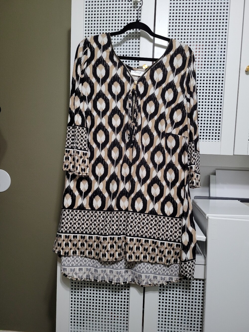 Avenue Beige and Black Ikat-Print Tie Front Tunic